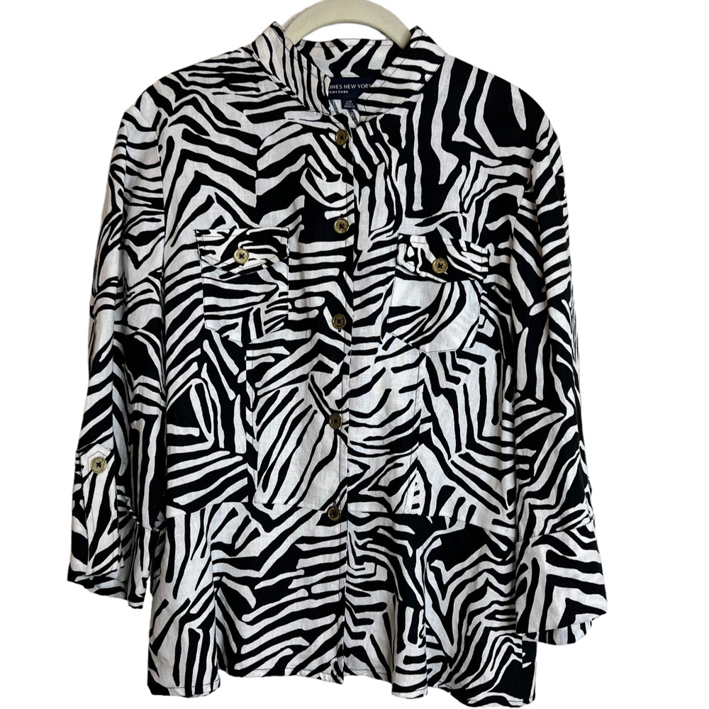 Jones New York Signature Womens Linen Blouse Large Zebra Safari Style Peplum Hem